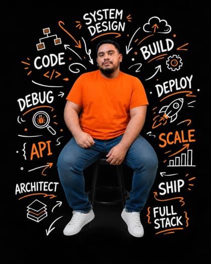 Vicente sitting in front of a software blueprint